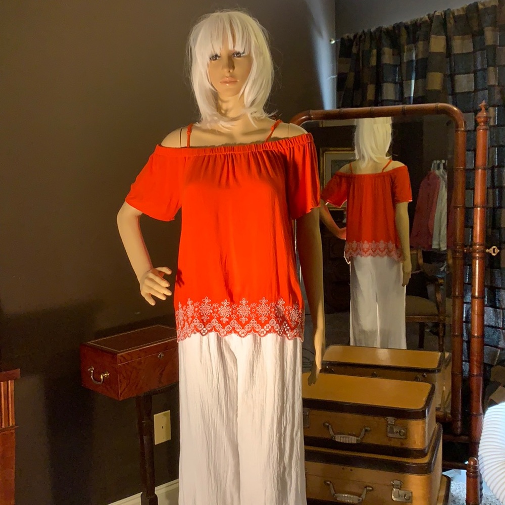 ORANGE & WHITE OFF THE SHOULDER TOP